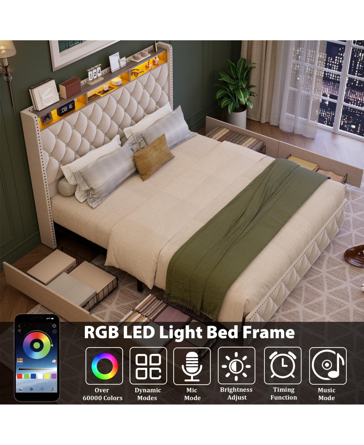 homfan Upholstered Bed Frame with Tall Headboard, 50.8inch Velvet 4 Storage Drawers and Usb Charging Station, No Box Spring Needed