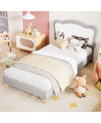 Scalloped Headboard Design Kids Bed Frame, Upholstered Platform, Soft Fabric, Wooden Slats, Sturdy, No Box Seasonal Needed