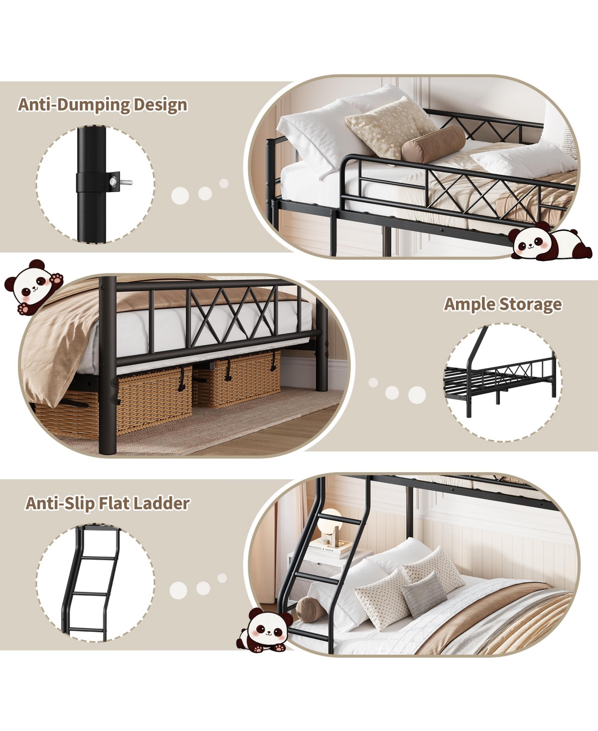 homfan Heavy Duty Metal Bunk Bed Twin Over Full Size, Guardrail and Ladder, Low Profile Space-Saving Design, No Box Spring Required