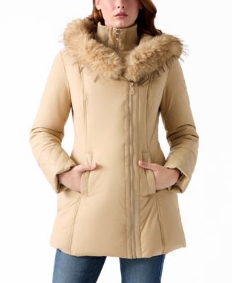 Women's Pleather-Sleeve Detailed Faux-Fur Hooded Puffer Coat