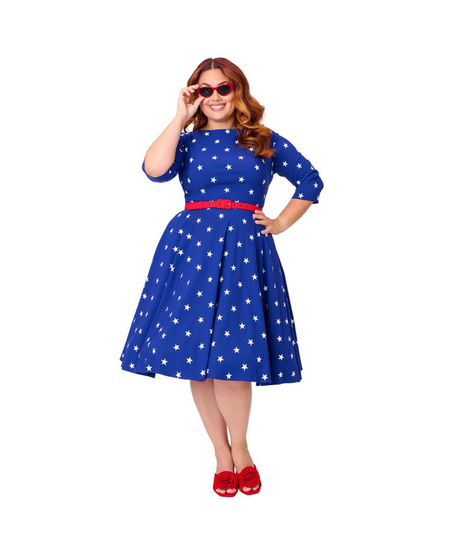 Plus Size Three Quarter Sleeve Belted Devon Swing Dress