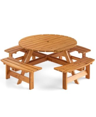 Outdoor 8-Person Round Wooden Picnic Table Set with Attached Benches, 71 in Diameter