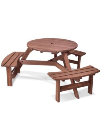 6 Person Wooden Picnic Table Set with Built-in Benches and Umbrella Hole