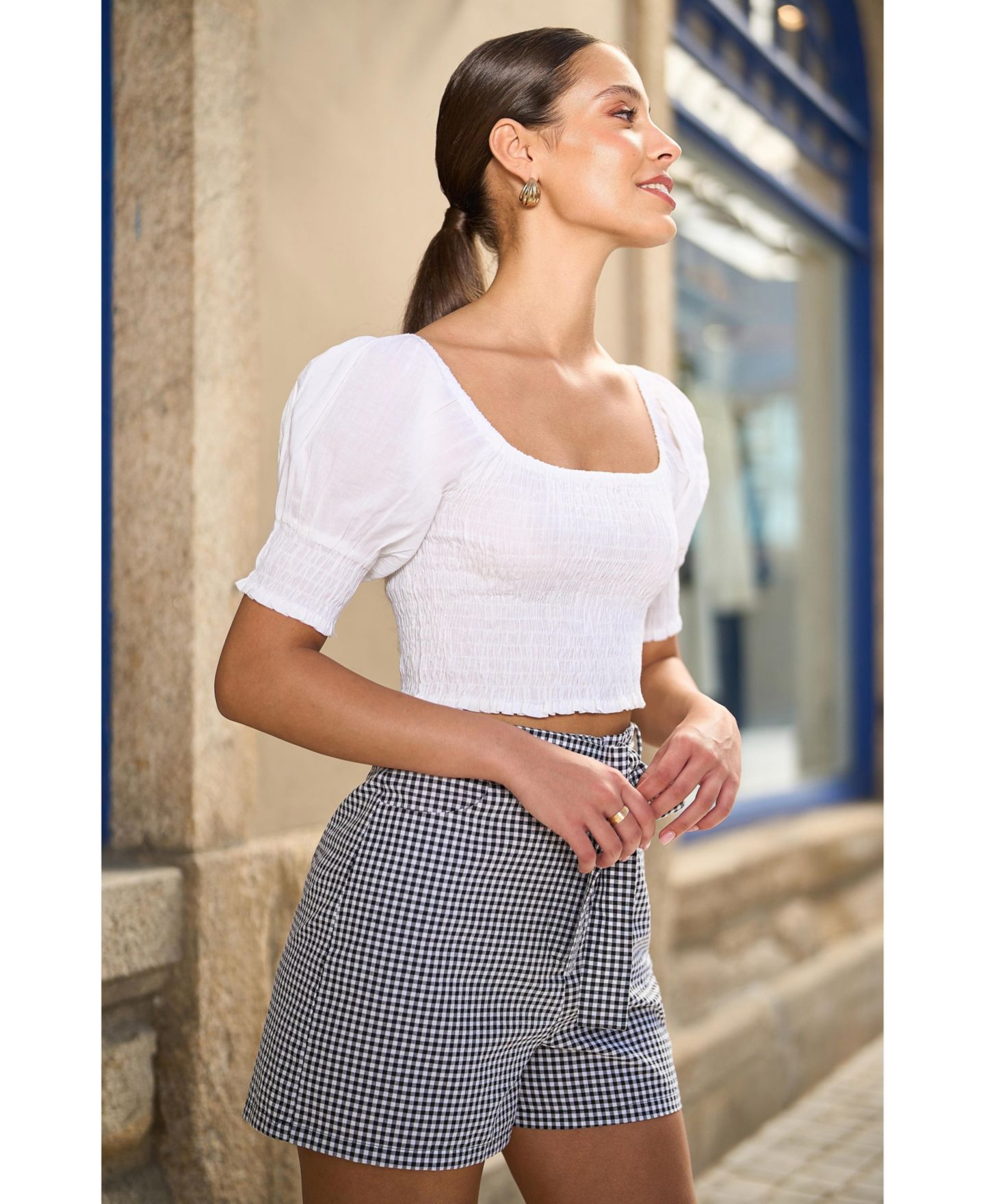 Женский топ Yumi Cotton Shirring Puff Sleeve, цвет: Белый — фото 6