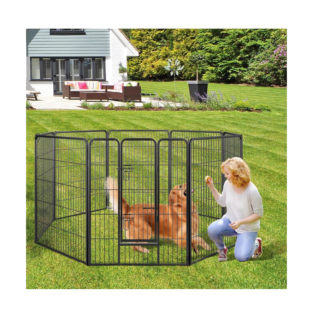 Ruie 8 Panel Adjustable Metal Pet Playpen Fence for Indoor and Outdoor Use