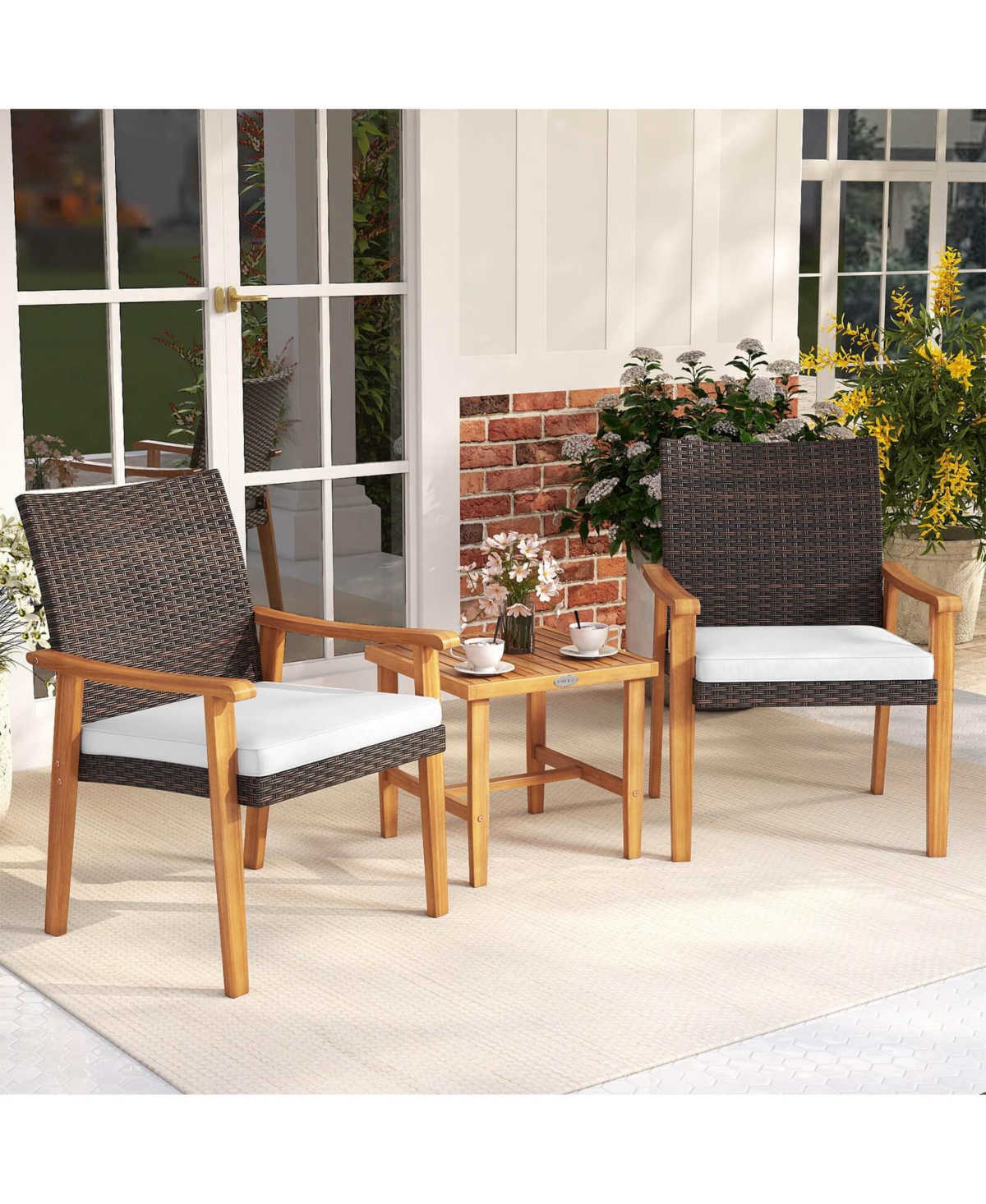 Costway 3 Pieces Patio Pe Wicker Furniture Set with Coffee Table and Cushions for Front Porch