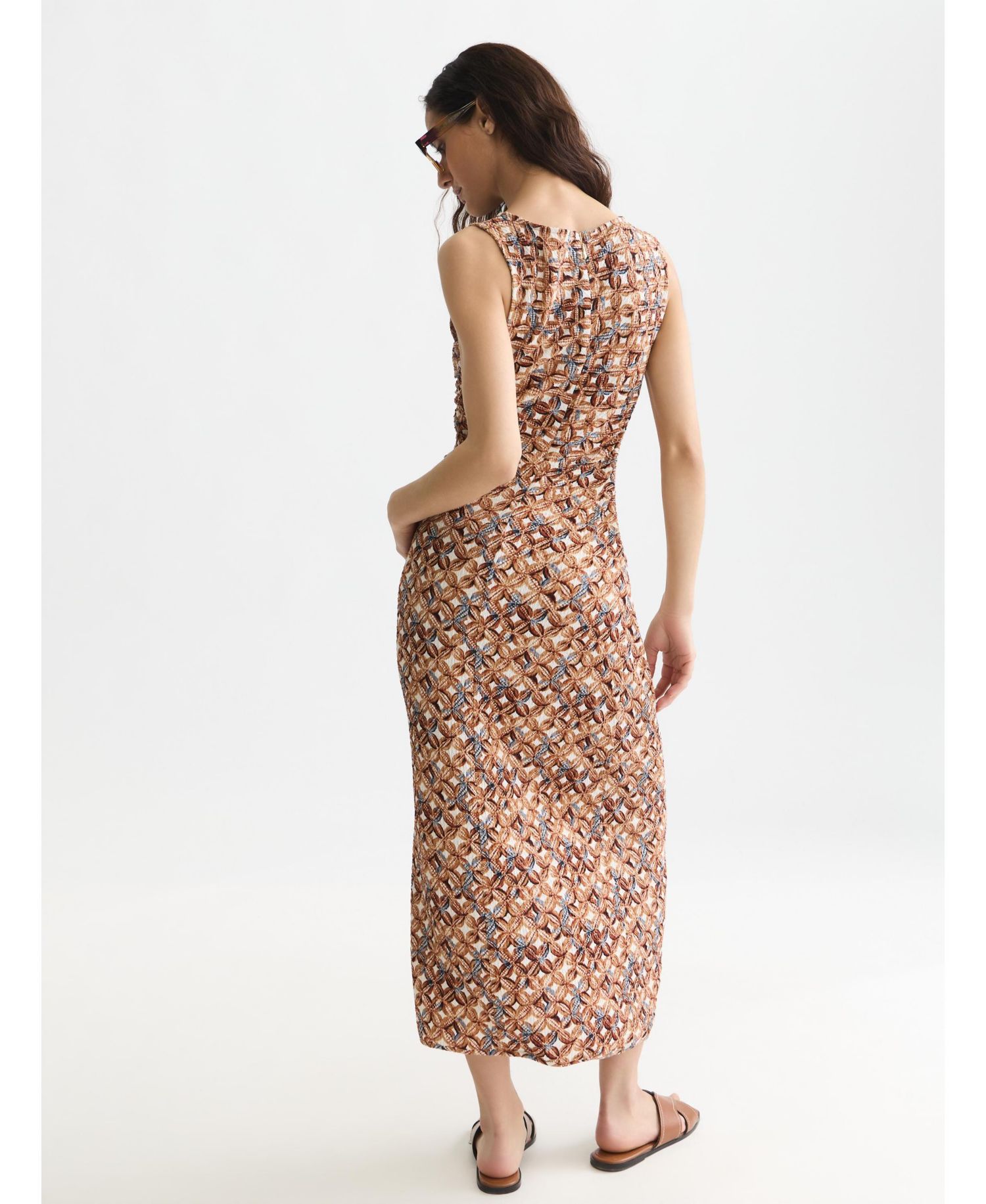 Women's Dresses Printed Textured Midi Dress, Tiles Flower Doeskin, Medium