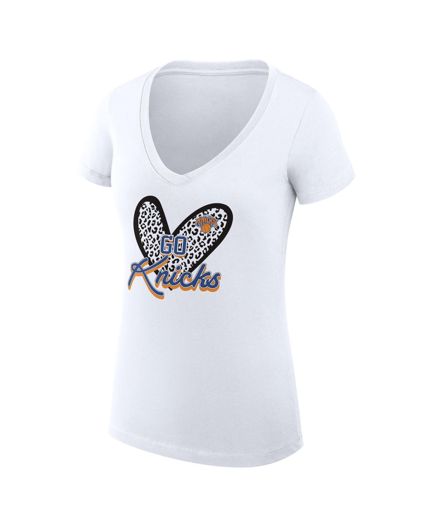 Women's White New York Knicks Super-Slim Fit Lightweight Leopard Heart V-Neck T-Shirt