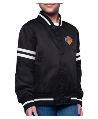 Big Boys and Girls Starter Black New York Knicks Printed Logo Varsity Satin Full-Snap Jacket
