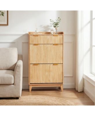 Modern Vertical Storage Cabinet with Flip Drawer, Textured Front and Metal Handles, Space-Saving Shoe Orgzr for Entryway, Hallway, Living Room