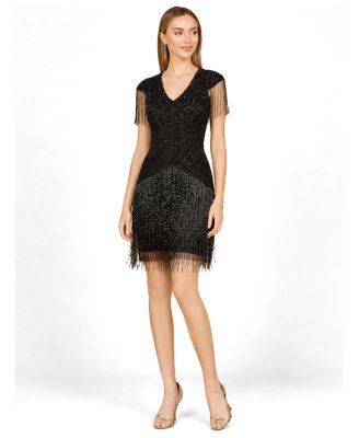 Women's Beaded Fringe Short Dress with Cap Sleeves