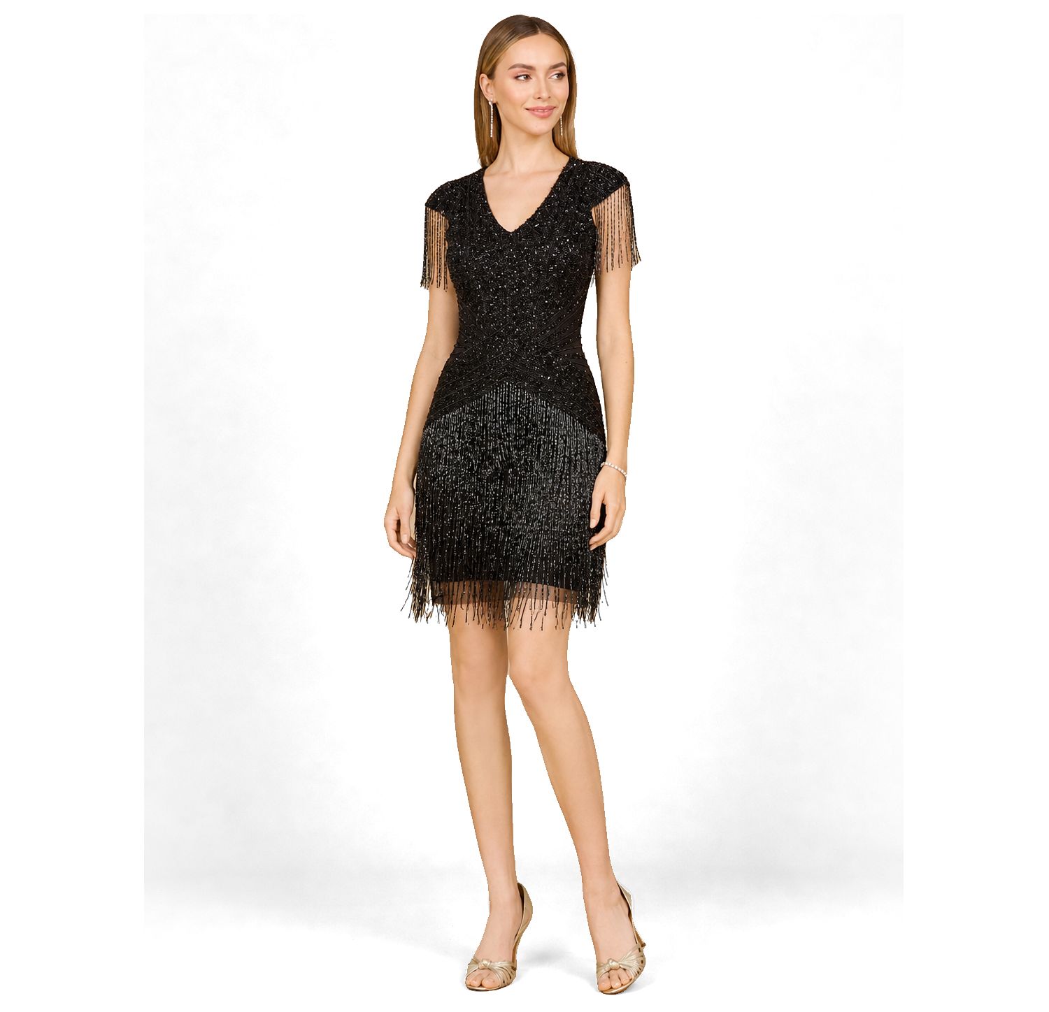 Women's Beaded Fringe Short Dress with Cap Sleeves