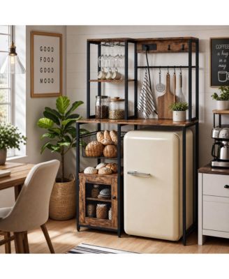Industrial Freestanding Kitchen Shelf, Bakers Rack with Refrigerator Compartment and Power Outlet, Microwave Station for Pantry and Living Room