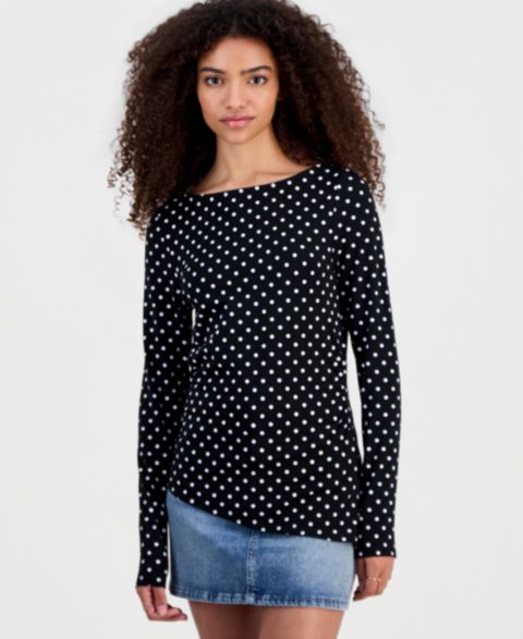 Женский топ Madden Girl Juniors' Printed Boat Neck Long Sleeve, цвет: Чёрный / Белый