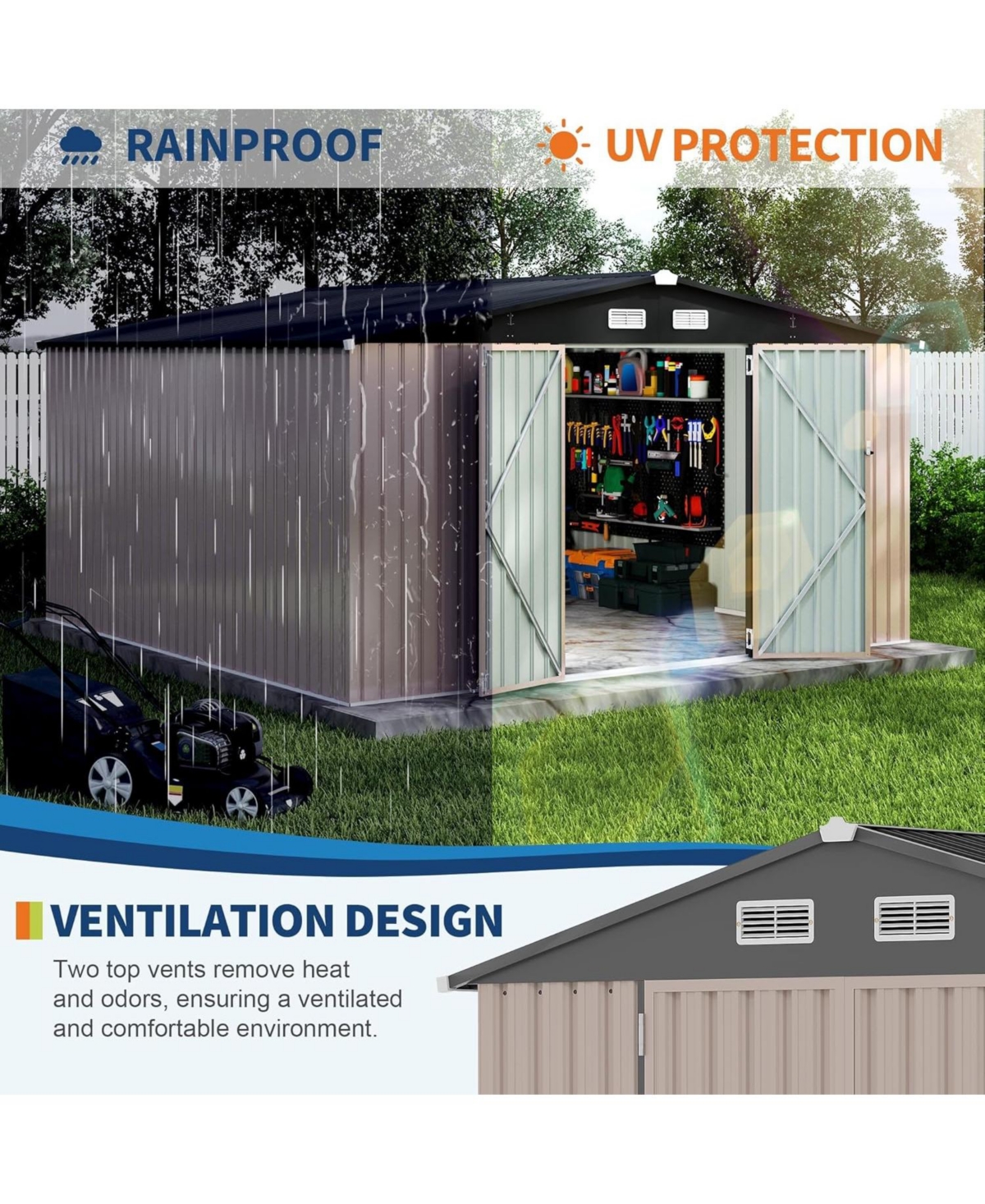 GarveeLife Durable Steel Outdoor Metal Storage Shed With Lockable Security Door Ventilation Vents Easy Assembly For All Season Backyard Patio Lawn Use