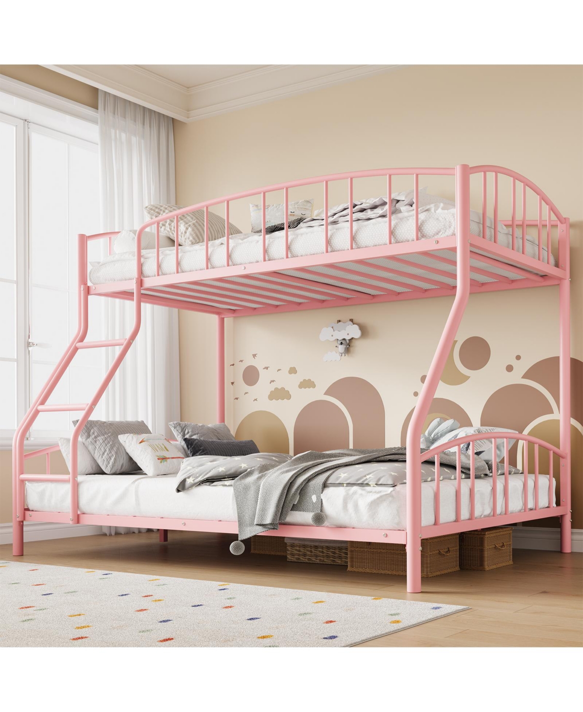 homfan Heavy Duty Twin Over Full Metal Bunk Bed - Space-Saving Steel Frame, Arched Guardrail, Sturdy Slats, Ladder, Noise-Free