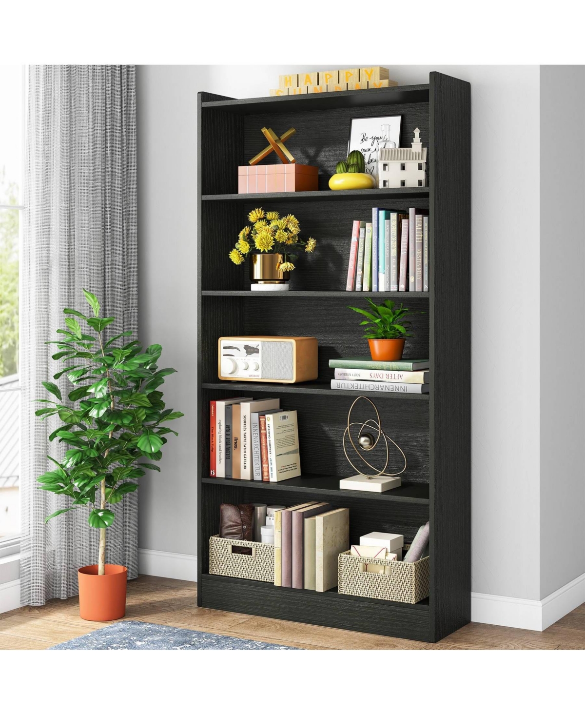Slickblue 5 Shelf Wood Bookcase with Open Storage for Bedroom or Living Room