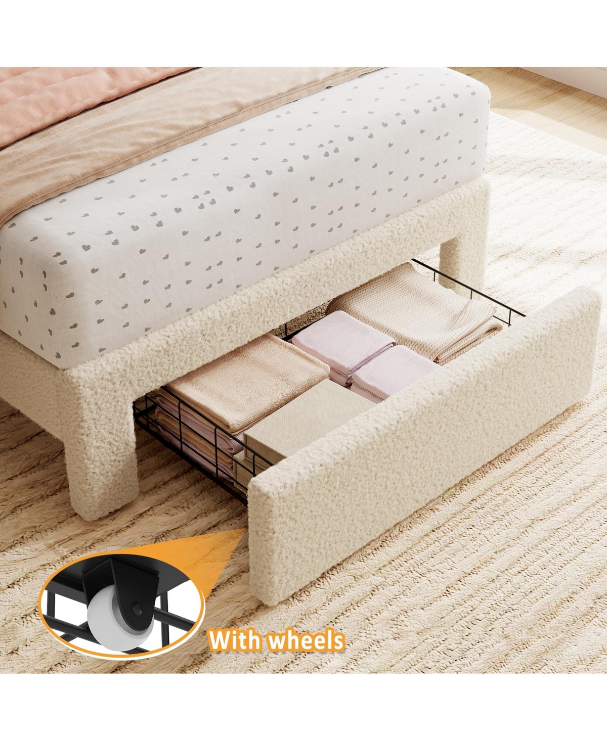 homfan Twin Bed Frame with Under-Bed Drawer, Boucle Upholstered Platform Wave Headboard for Kids/Girls, Wooden Slats Support