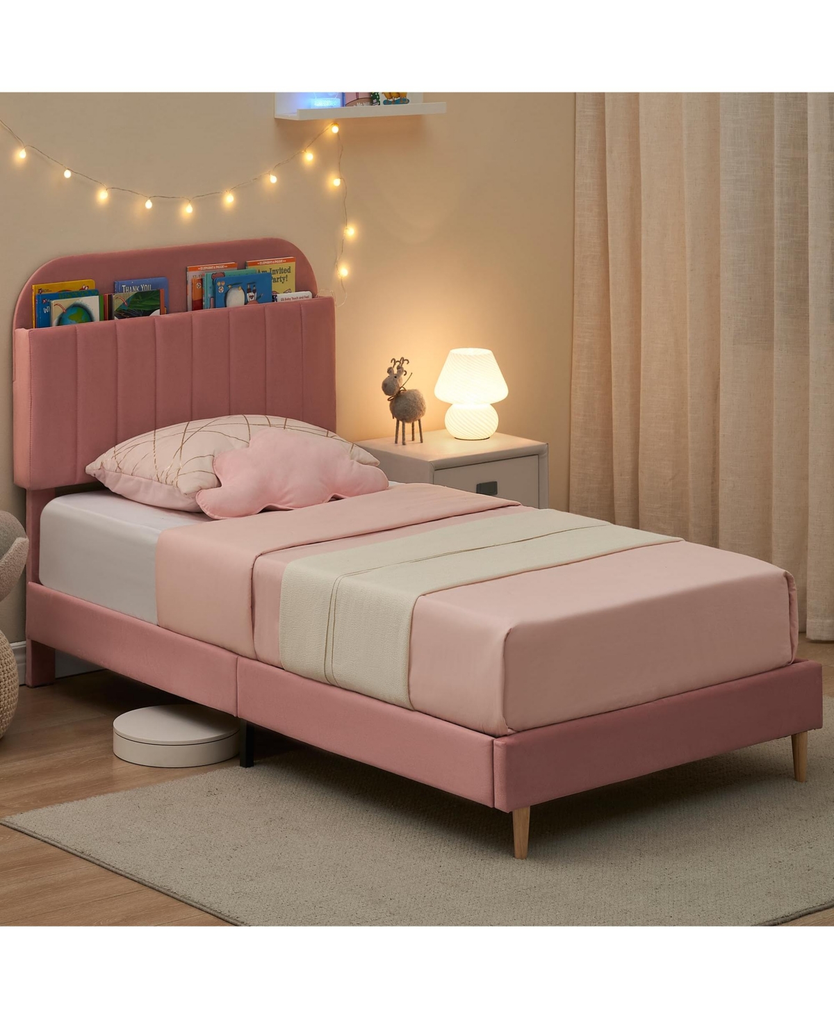 homfan Set of 2 Twin Upholstered Beds with Bookcase Headboards, Steel and Wood Slat Support, Quiet Design, Simple Assembly