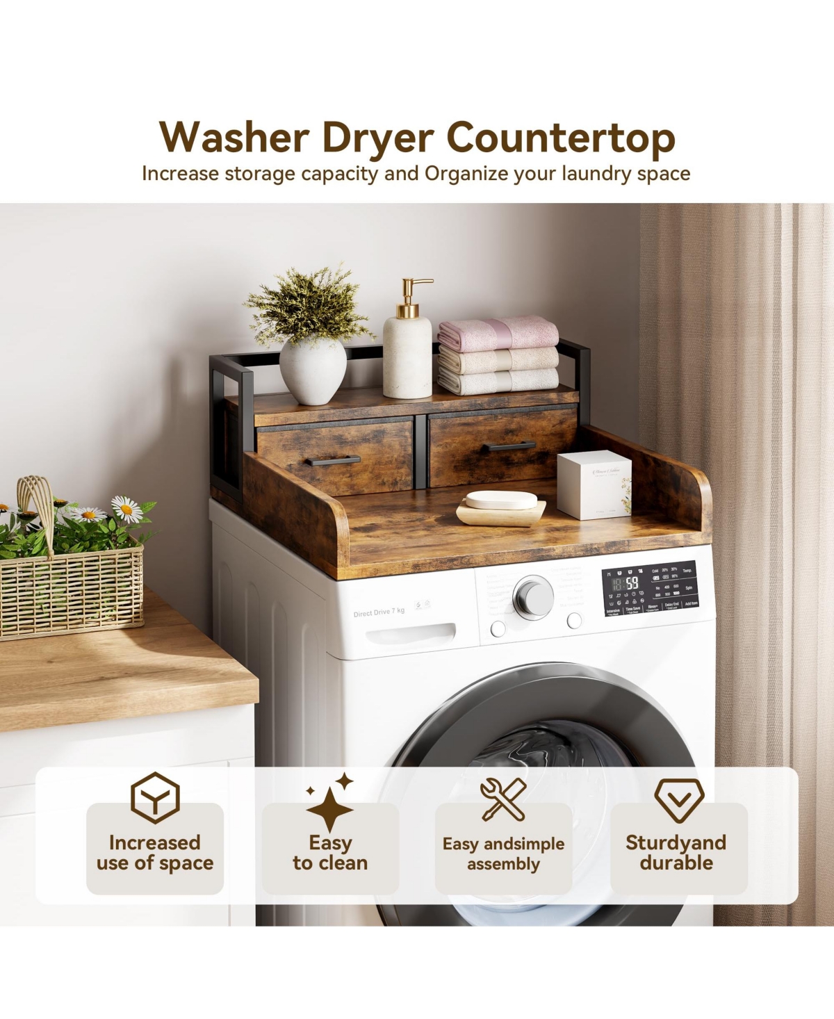 homfan Laundry Countertop, 54 Inch Wood Washer Dryer Topper with 2 Tier Shelf for Room