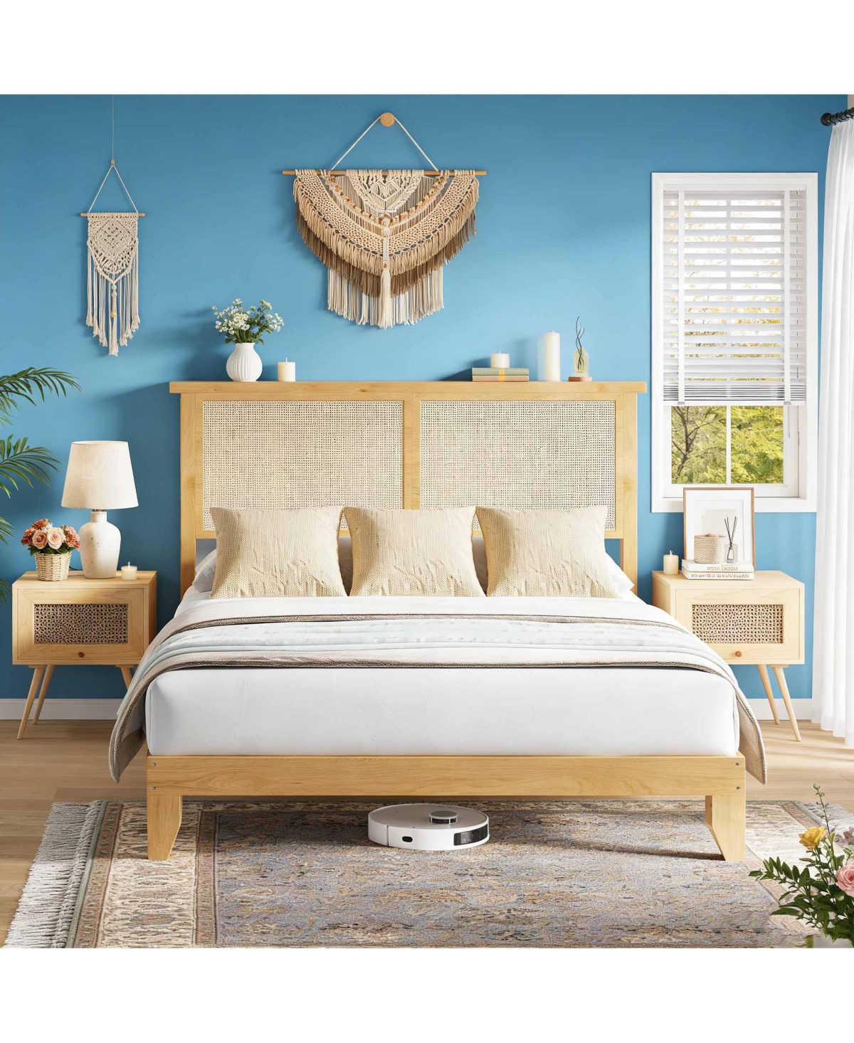 Homfan Bed Frame with Rattan Headboard, Platform Bed Frame with Led Lights