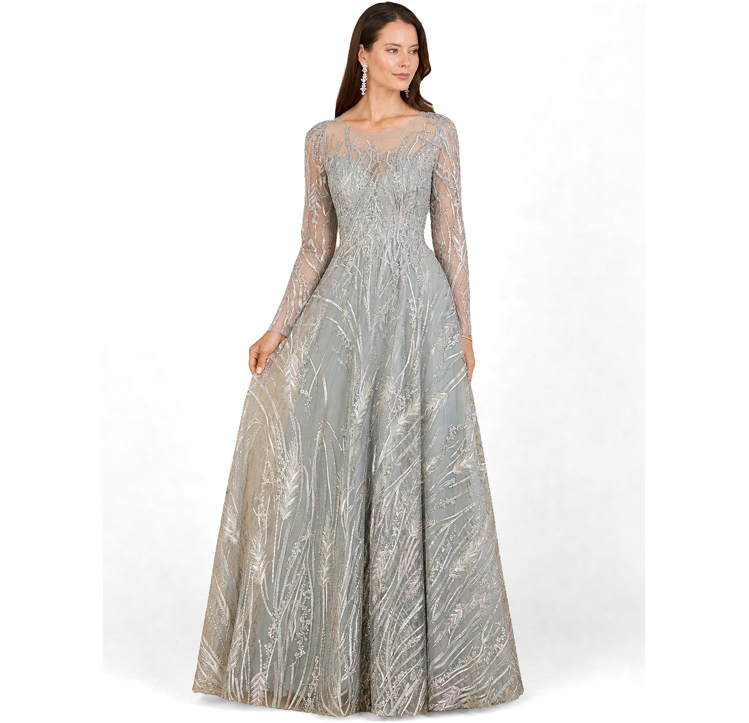 Women's Long Sleeve Illusion Neck Gown