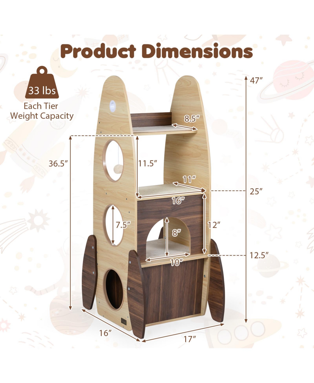 Cozito Rocket Cat Tree 47 in Wooden Cat Tower for Indoor Cats