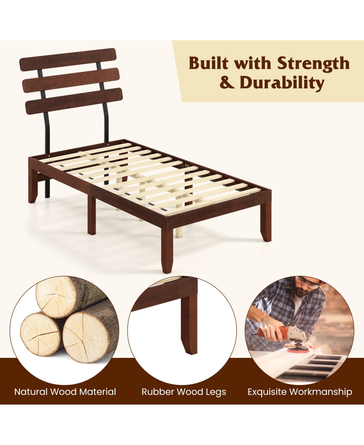 Slickblue Stylish Wooden Bed Frame with Retro Headboard