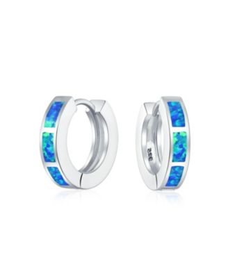 Created Opal Inlay Iridescent Huggie Small Hoop Earrings .925 Sterling Silver