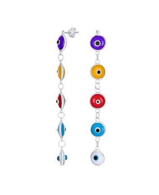 Turkish Spiritual Protection Multi Color Evil Eye Long Dangling Earrings .925 Sterling Silver