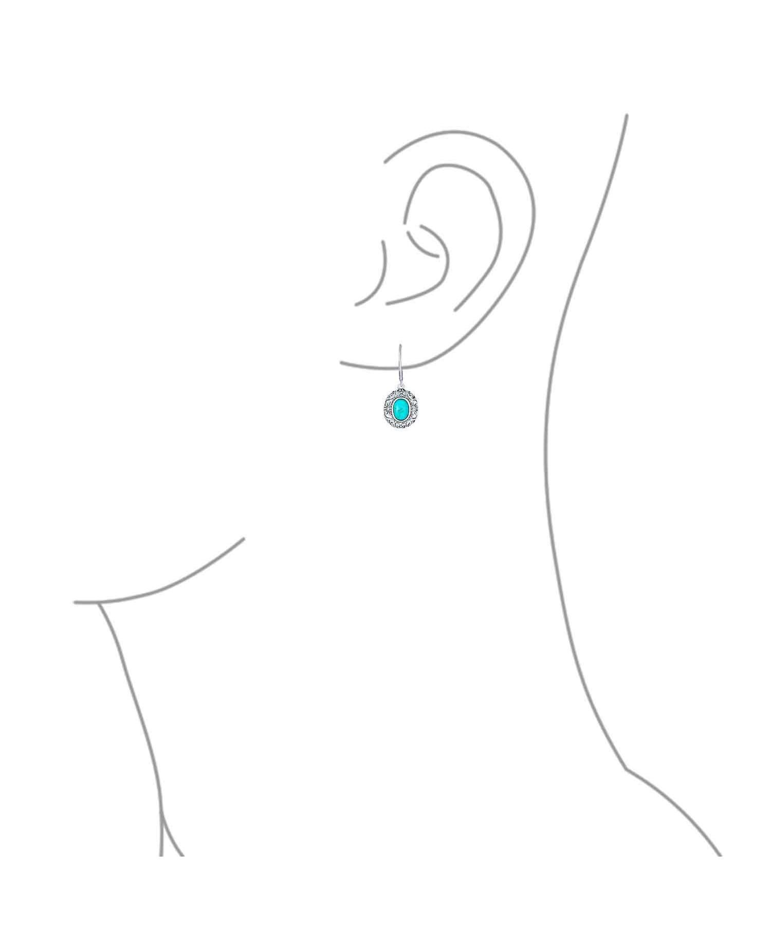 Bali Style Natural Oval Turquoise Floral Scroll Filigree Drop Earrings .925 Sterling Silver