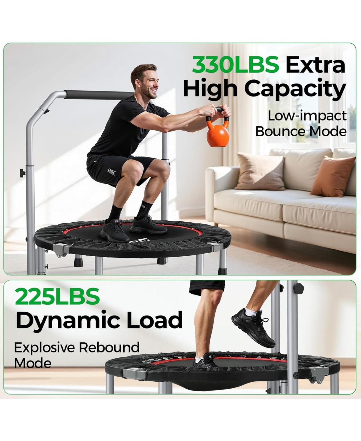 Bcan Foldable Mini Trampoline, 330lbs Fitness Rebounder with Adjustable Foam Handle for Indoor/Garden Workout