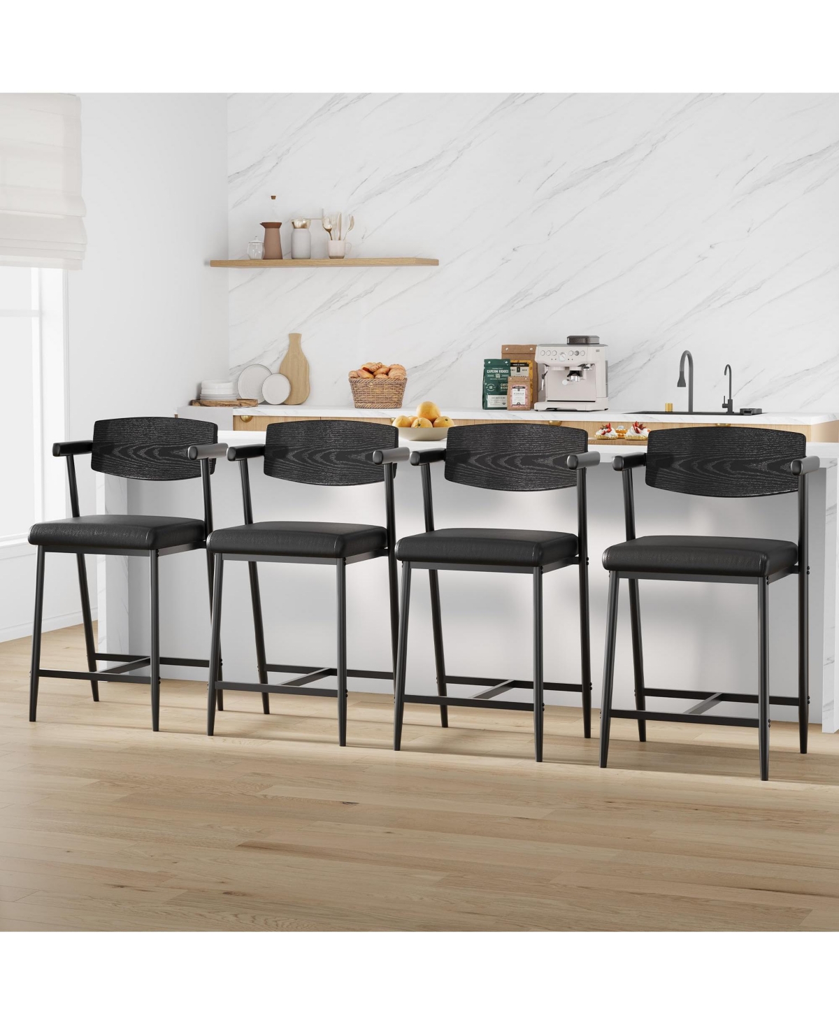 gaomon 3 Sets of Bar Stools with Armrests, 26-Inch Metal Bar Stools, Spacious Seats and Backrests, With Footrests, Suitable for Kitchen Islands