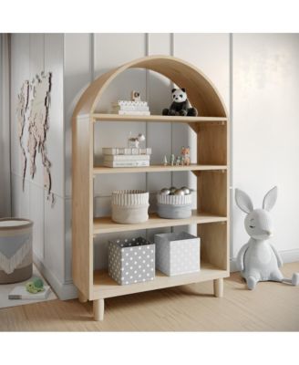 Wood Open Bookshelf with Covered Rounded Top, 4 Shelves, and Cylindrical Legs