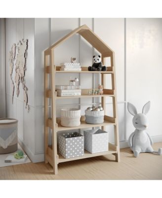 Wood Open Bookshelf with Covered Triangular Top, 4 Shelves, and Squared Legs