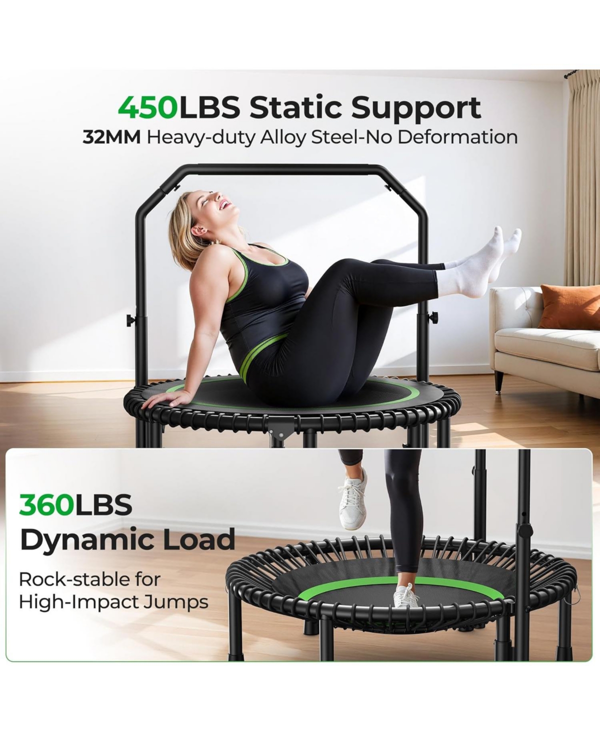 Bcan Mini Rebounder Trampoline with Handle, 450/550LBS Capacity, Bungee Fitness, Adjustable and Quiet