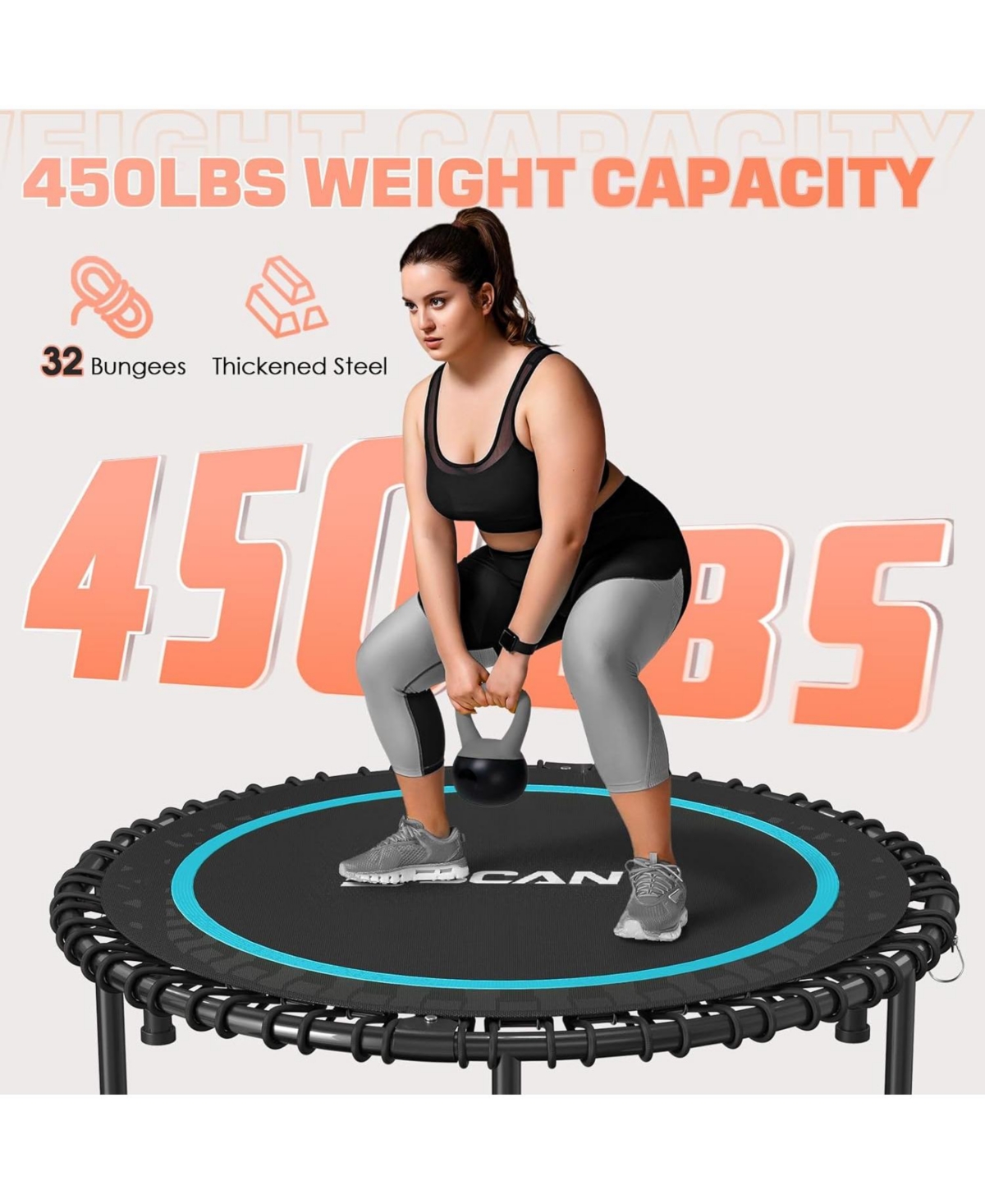 Bcan BT2 Mini Rebounder Trampoline with Handle, 450/550LBS Capacity, Bungee Fitness, Adjustable and Quiet, 40/48 Inch