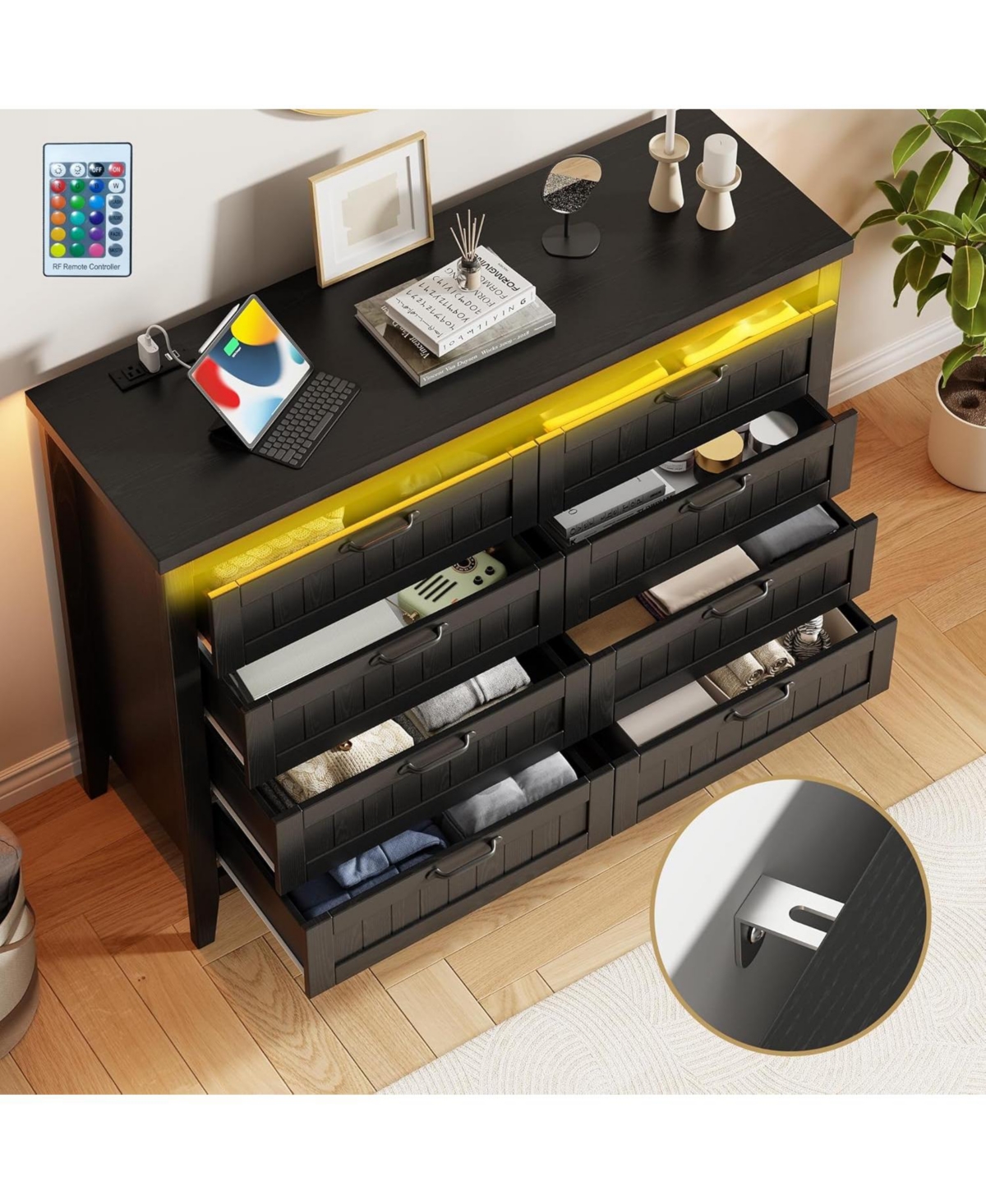 gaomon Farmhouse 5 Drawer Dresser with Charging Station and Led Lights, Slim Wooden Bedroom Dresser