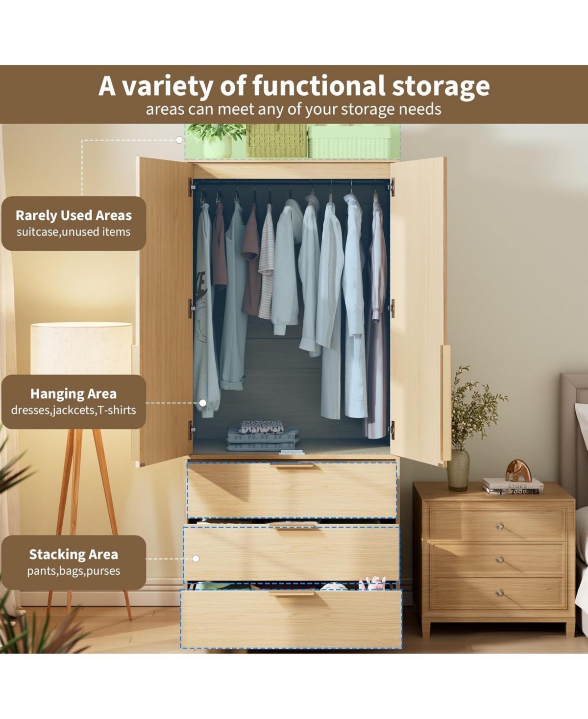 gaomon Armoire Wardrobe Closet, 69.5 inch Wooden Wardrobe Cabinet with 3 Drawers, Hanging Rod