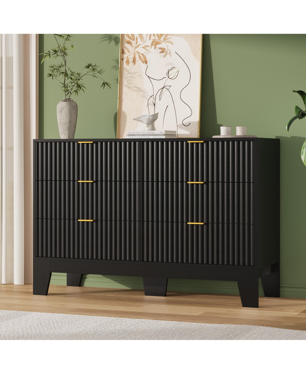 gaomon 6 Drawer Fluted Dresser - Modern Wooden Chest of Drawers with Metal Handle, Clothes Storage Organizer for Bedroom, Hallway, Entryway