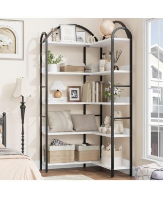 5-Tier l-Shaped Corner Bookshelf, Modern Industrial Bookcase with Arched Metal Frame, Open Wood-Metal Storage Shelves