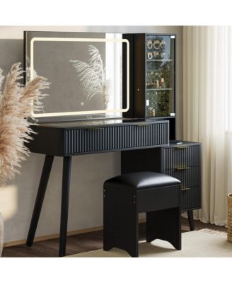 Vanity Desk with Lighted Mirror, Makeup Vanity with Charging Station, Glass Top Dressing Table with Cushioned Storage Stool for Bedroom