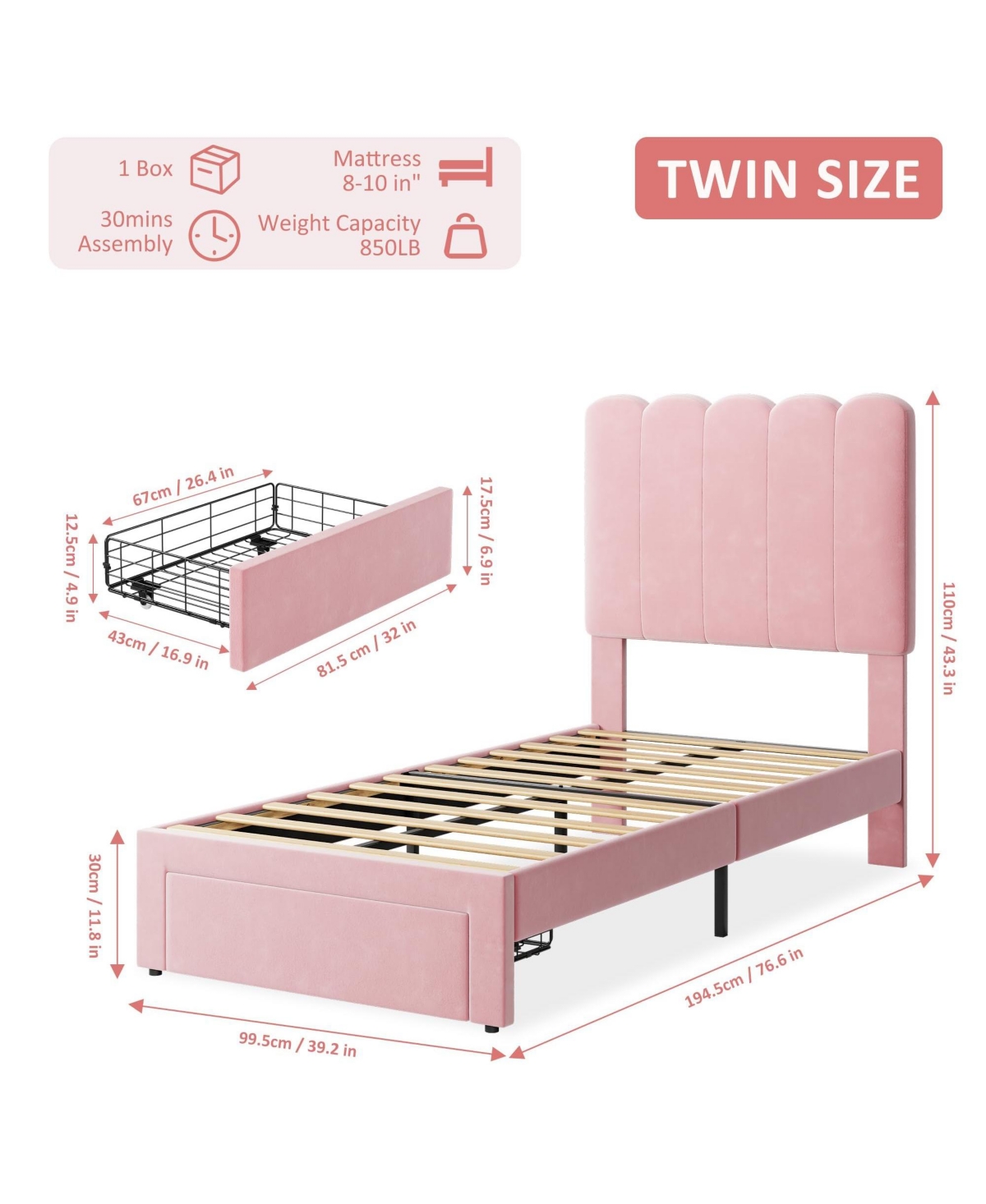 homfan 2 Sets Twin Bed Frame with Under-Bed Drawer, Upholstered Platform Bed with Wave Headboard, Wooden Slats Support