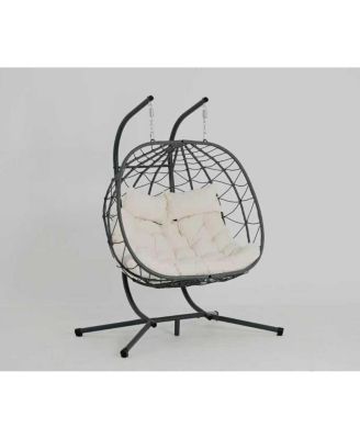  2-Person Wicker Hanging Egg Chair with Stand for Indoor and Outdoor Use
