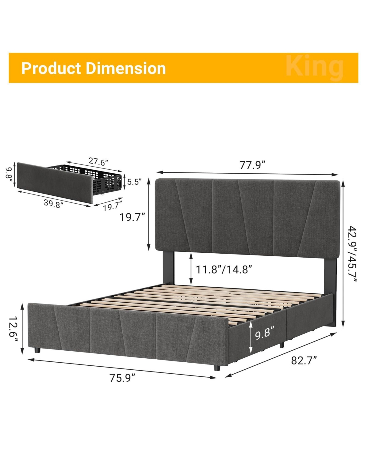 homfan Modern Linen Upholstered Bed Frame,with 4 Storage Drawers, Adjustable Headboard, No Box Spring Needed, for Bedroom