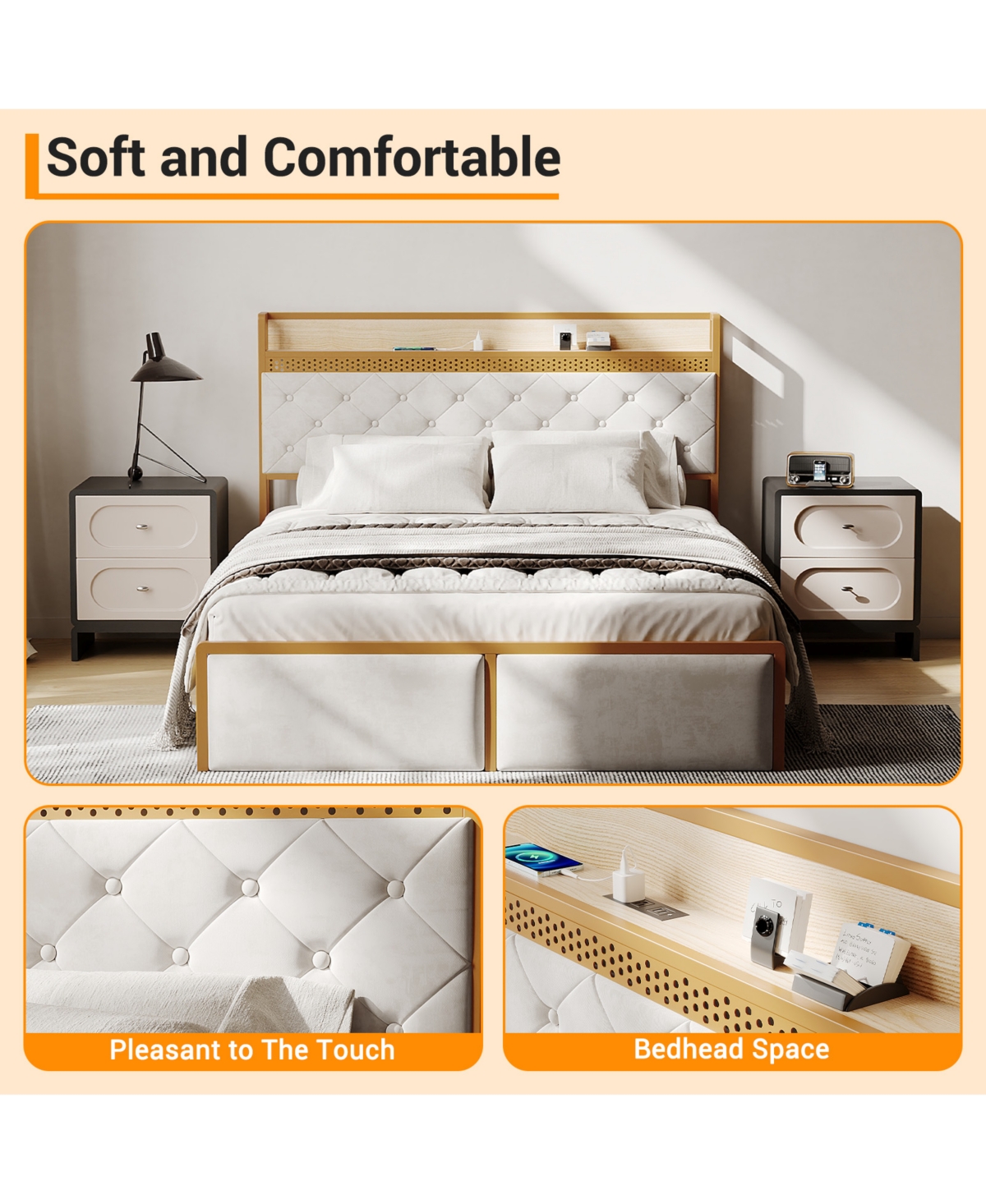homfan Platform Bed Frame for Kids with Headboard, 2 Storage Drawers, Led Lighting, Usb Ports and Power Outlets, Silent, No Box Spring Needed