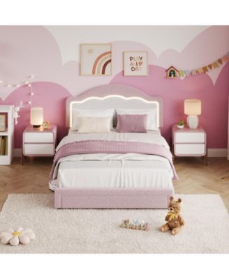 LED Headboard Bed Frame with Soft Sherpa Upholstery, Staple Slat Support, Modern Boucle Styling, No Box Spring Required, Easy Assembly