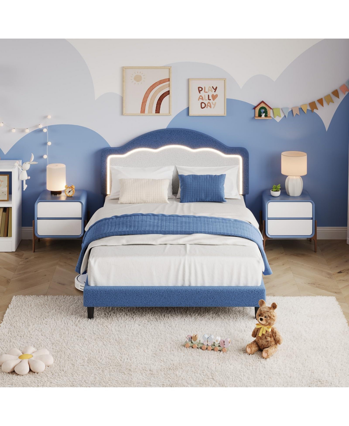homfan Led Headboard Bed Frame with Soft Sherpa Upholstery, Staple Slat Support, Modern Boucle Styling, No Box Spring Required, Easy Assembly