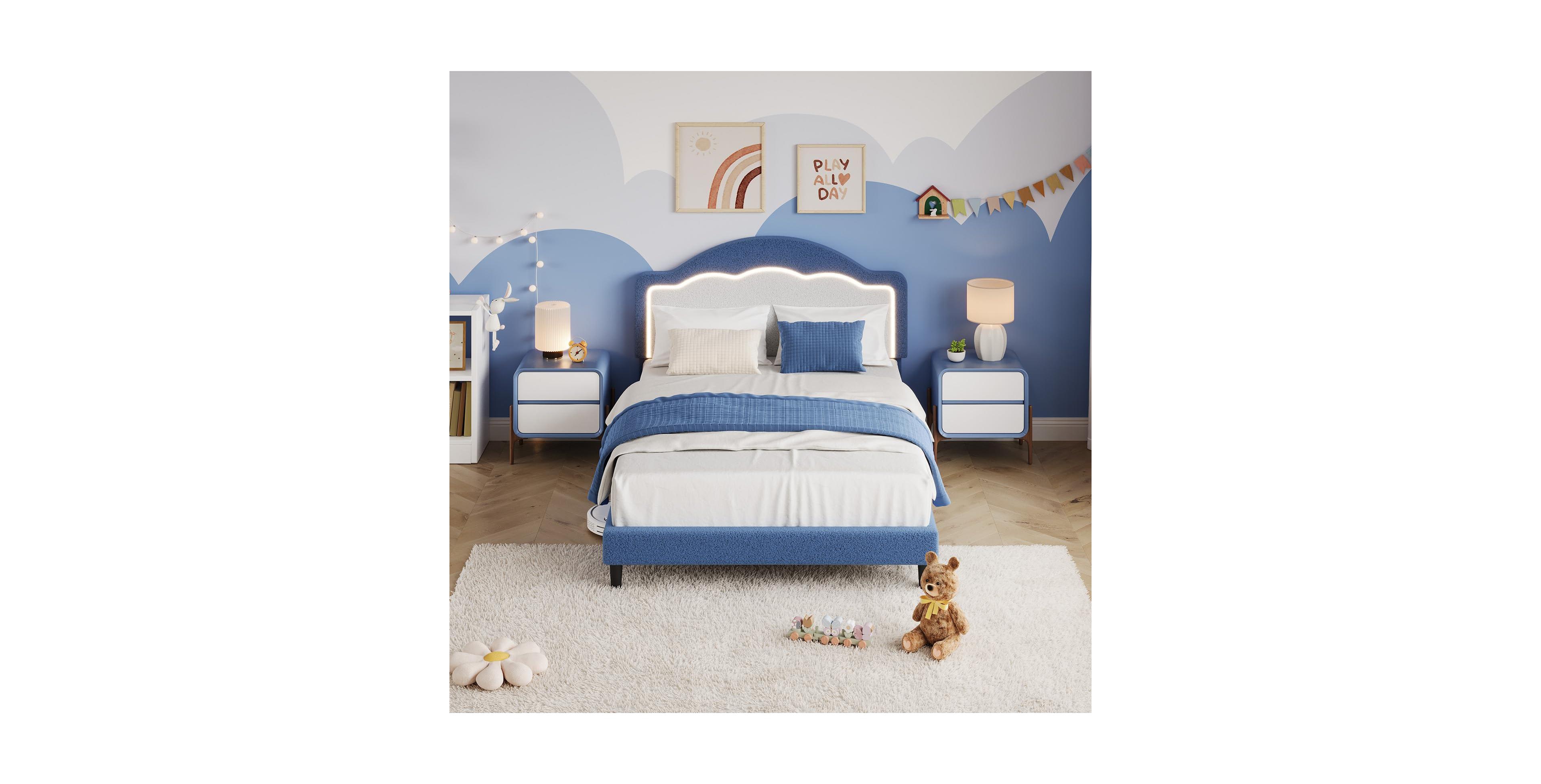 homfan Led Headboard Bed Frame with Soft Sherpa Upholstery, Staple Slat Support, Modern Boucle Styling, No Box Spring Required, Easy Assembly
