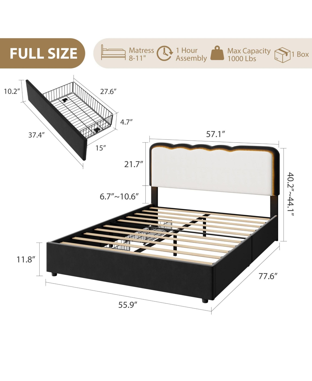 homfan Led Bed Frame with Storage Drawer and Adjustable Headboard, Velvet Princess Platform for Kids